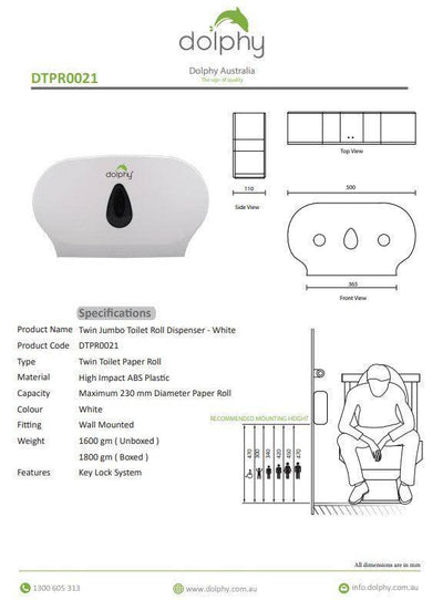 Dolphy Twin Jumbo Toilet Roll Dispenser White (DTPR0021) - Sydney Home Centre