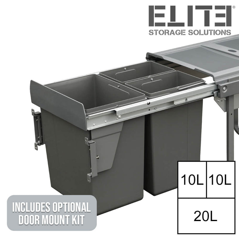 Elite Domestique Bottom Mounted 40L Triple Slide Out Concealed Waste Bin For A 450mm Cabinet Includes Optional Door Bracket Dark Grey - Sydney Home Centre