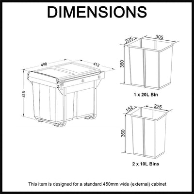 Elite Domestique Bottom Mounted 40L Triple Slide Out Concealed Waste Bin For A 450mm Cabinet Includes Optional Door Bracket Dark Grey - Sydney Home Centre