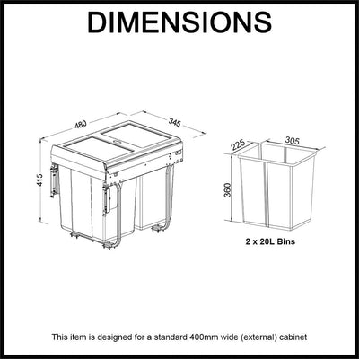 Elite Domestique Bottom Mounted 40L Twin Slide Out Concealed Waste Bin For A 400mm Cabinet Includes Integrated Door Bracket Dark Grey - Sydney Home Centre