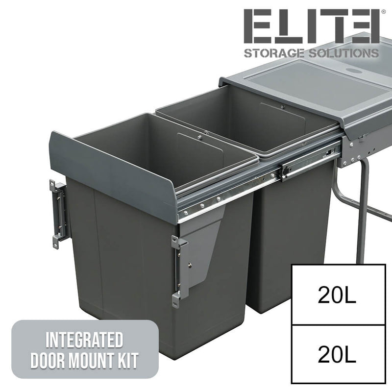 Elite Domestique Bottom Mounted 40L Twin Slide Out Concealed Waste Bin For A 400mm Cabinet Includes Integrated Door Bracket Dark Grey - Sydney Home Centre