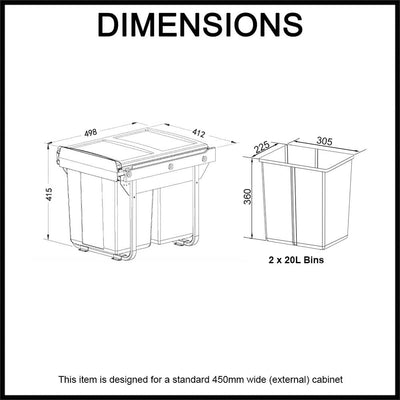 Elite Domestique Bottom Mounted 40L Twin Slide Out Concealed Waste Bin For A 450mm Cabinet Includes Optional Door Bracket Dark Grey - Sydney Home Centre