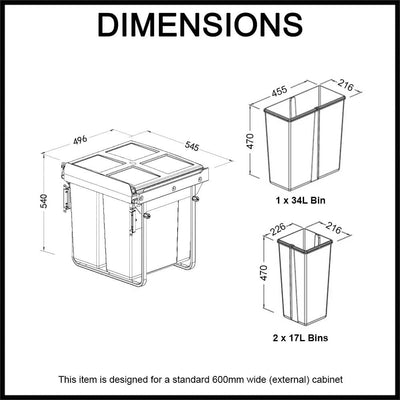 Elite Domestique Bottom Mounted 68L Triple Slide Out Concealed Waste Bin For A 600mm Cabinet Includes Optional Door Bracket Dark Grey - Sydney Home Centre