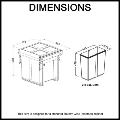 Elite Domestique Bottom Mounted 68L Twin Slide Out Concealed Waste Bin For A 600mm Cabinet Includes Optional Door Bracket Dark Grey - Sydney Home Centre