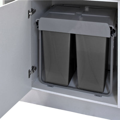 Elite Domestique Bottom Mounted 68L Twin Slide Out Concealed Waste Bin For A 600mm Cabinet Includes Optional Door Bracket Dark Grey - Sydney Home Centre