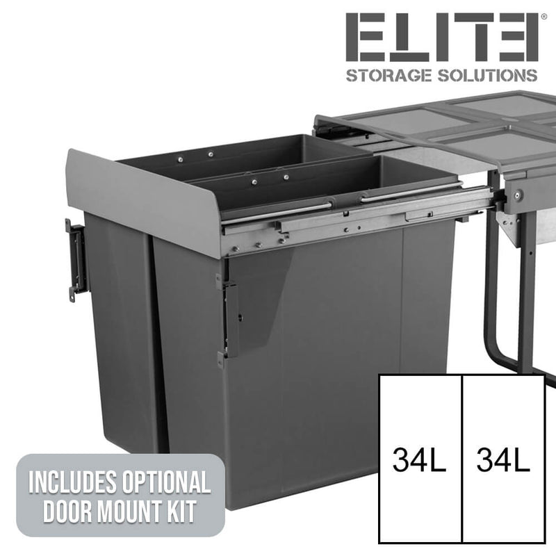 Elite Domestique Bottom Mounted 68L Twin Slide Out Concealed Waste Bin For A 600mm Cabinet Includes Optional Door Bracket Dark Grey - Sydney Home Centre