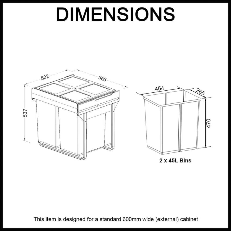 Elite Domestique Bottom Mounted 90L Twin Slide Out Concealed Waste Bin For A 600mm Cabinet Grey - Sydney Home Centre