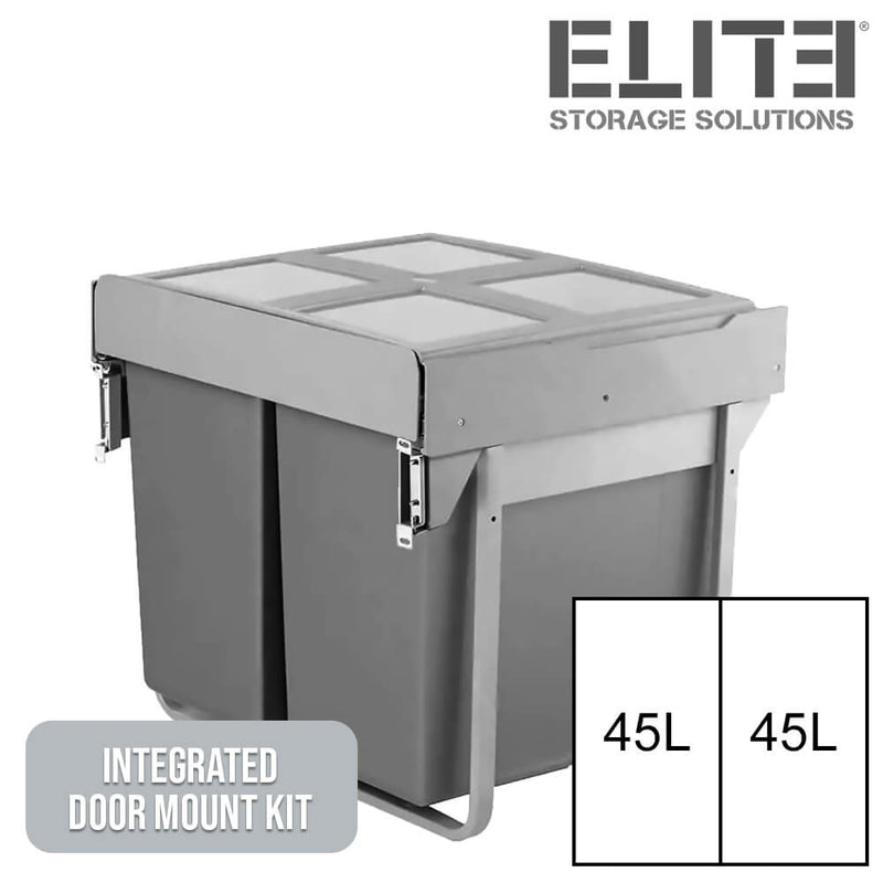 Elite Domestique Bottom Mounted 90L Twin Slide Out Concealed Waste Bin For a 600mm Cabinet Includes Integrated Door Bracket Grey - Sydney Home Centre