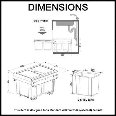 Elite Domestique Low Profile Bottom Mounted 30L Twin Slide Out Concealed Waste Bin For A 400mm Cabinet Dark Grey - Sydney Home Centre