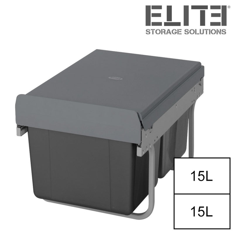 Elite Domestique Low Profile Bottom Mounted 30L Twin Slide Out Concealed Waste Bin For A 400mm Cabinet Dark Grey - Sydney Home Centre