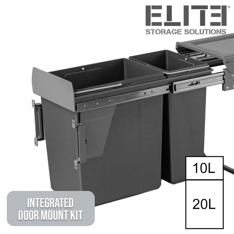 Elite Domestique Slim Profile Bottom Mounted 30L Twin Slide Out Concealed Waste Bin For A 300mm Cabinet Includes Integrated Door Bracket Dark Grey - Sydney Home Centre