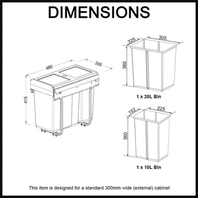 Elite Domestique Slim Profile Bottom Mounted 30L Twin Slide Out Concealed Waste Bin For A 300mm Cabinet Includes Integrated Door Bracket Dark Grey - Sydney Home Centre