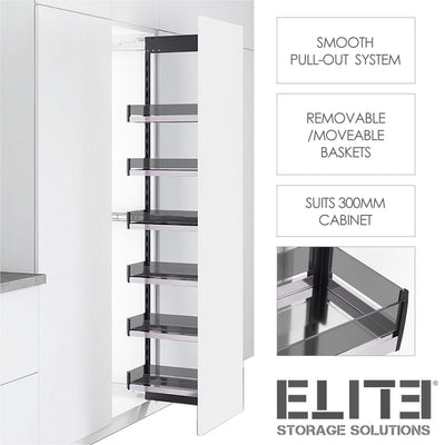 Elite Galley Side Mount Pull-Out Pantry Suits 1760mm+ Cabinet Height Internal Unit Smoked Glass - Sydney Home Centre