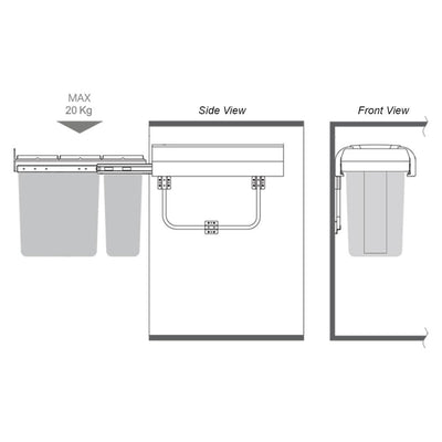 Elite Left Side Mounted 30L Twin Slide Out Concealed Waste Bin Slim Profile For A 300mm Cabinet Dark Grey - Sydney Home Centre