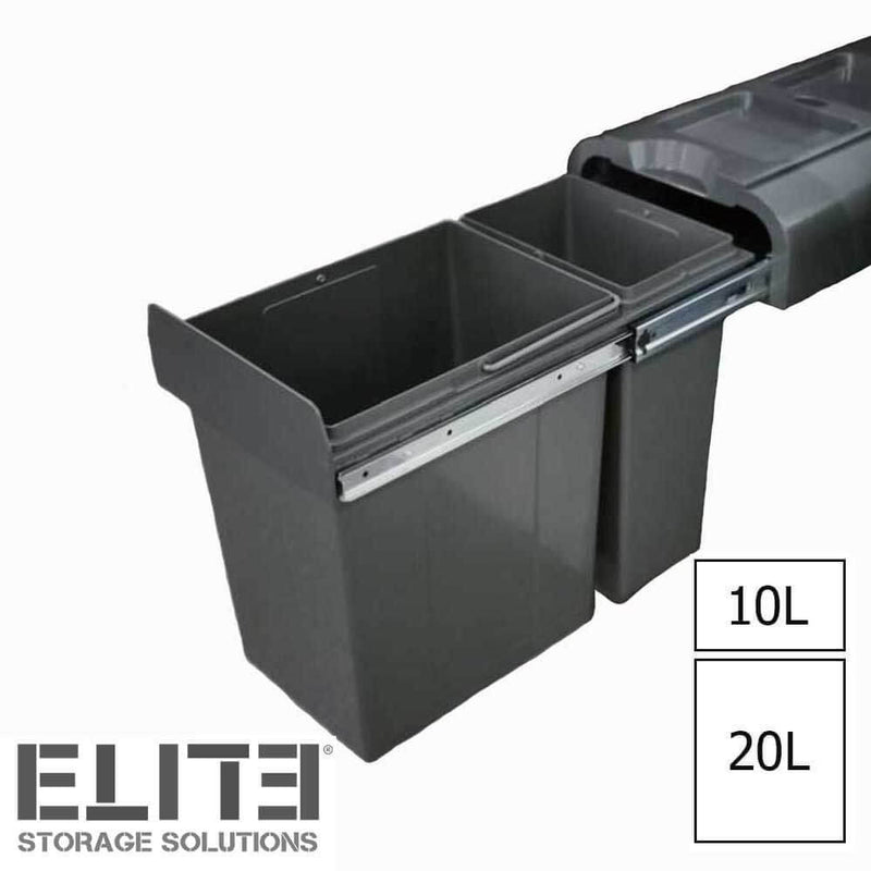 Elite Left Side Mounted 30L Twin Slide Out Concealed Waste Bin Slim Profile For A 300mm Cabinet Dark Grey - Sydney Home Centre