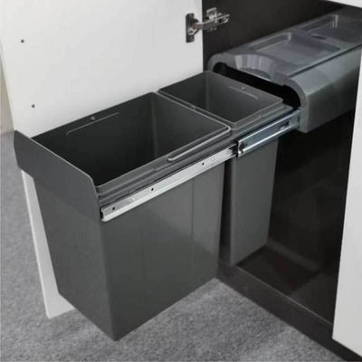 Elite Left Side Mounted 30L Twin Slide Out Concealed Waste Bin Slim Profile For A 300mm Cabinet Dark Grey - Sydney Home Centre