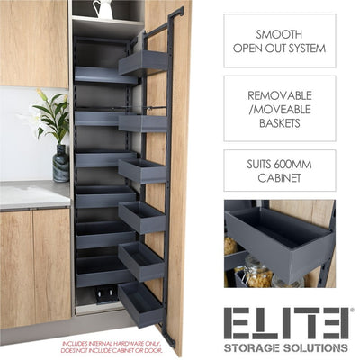 Elite Nero Open-Out Tandem Pantry 1700mm Height For 600mm Wide Cabinet Internal Unit Dark Grey - Sydney Home Centre