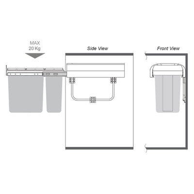 Elite Right Side Mounted 30L Twin Slide Out Concealed Waste Bin Slim Profile For A 300mm Cabinet Dark Grey - Sydney Home Centre