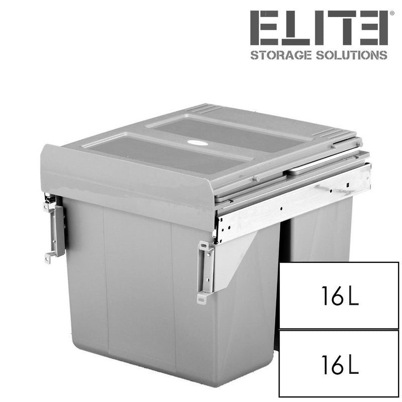 Elite Valet Side Mounted 32L Twin Slide Out Concealed Waste Bin For a 400mm Cabinet Includes Integrated Door Bracket Grey - Sydney Home Centre