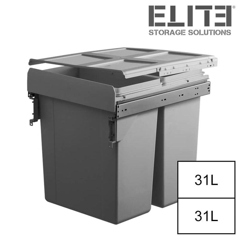 Elite Valet Side Mounted 62L Twin Slide Out Concealed Waste Bin For A 450mm Cabinet Includes Integrated Door Bracket Grey - Sydney Home Centre