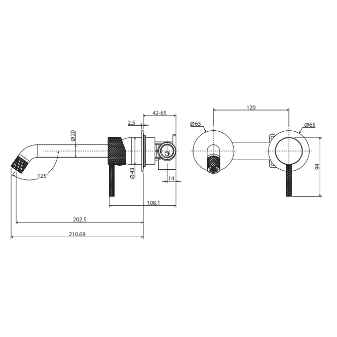 Fienza Axle Basin / Bath Wall Mixer 200mm With Outlet Urban Brass - Sydney Home Centre