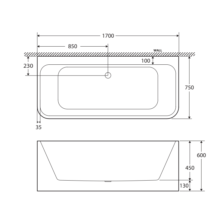 Fienza Delta 1700 Back-To-Wall Acrylic Bath White - Sydney Home Centre