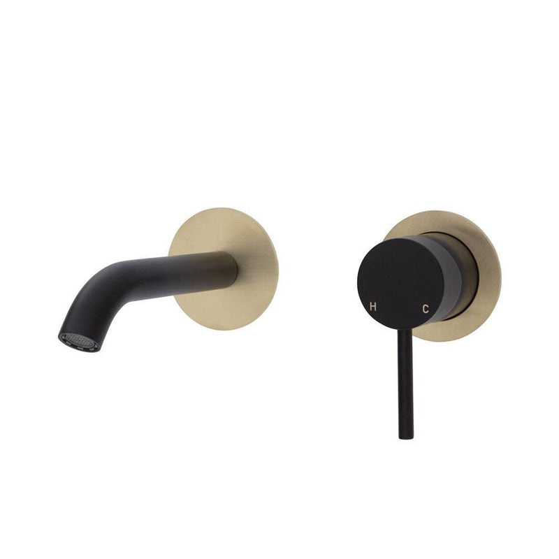 Fienza Kaya Basin / Bath Wall Mixer 160mm Outlet Set Matte Black & Urban Brass - Sydney Home Centre