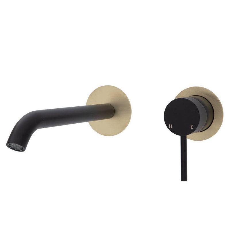 Fienza Kaya Basin / Bath Wall Mixer 200mm Outlet Set Matte Black & Urban Brass - Sydney Home Centre