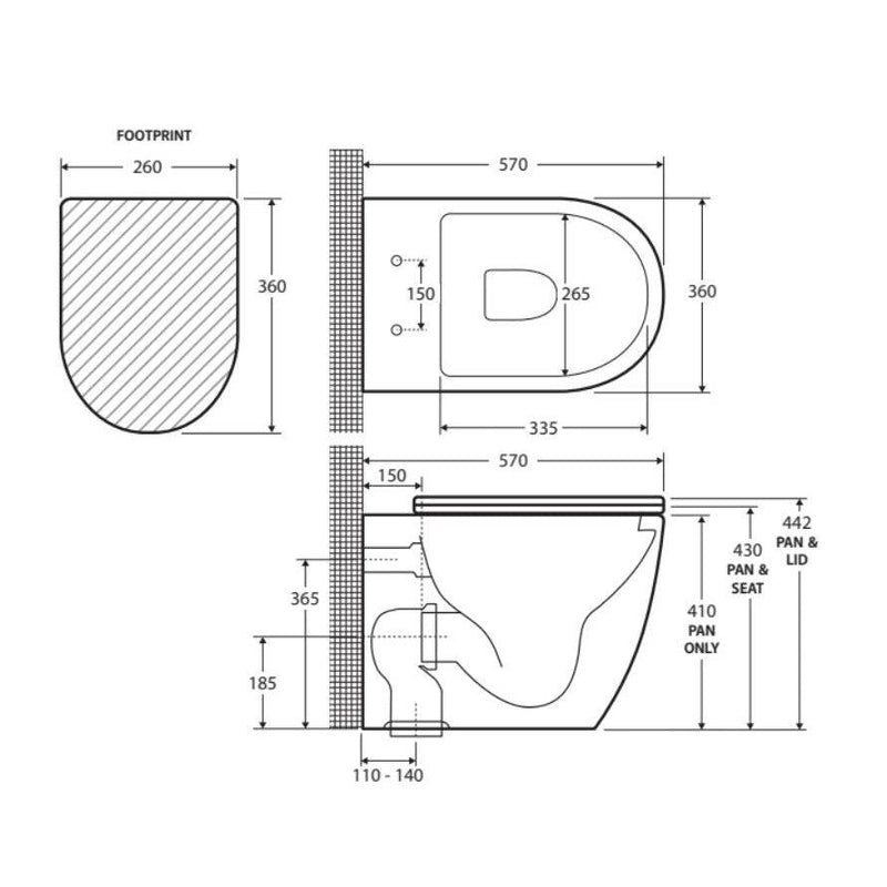 Fienza Koko Wall-Faced Toilet Suite P Trap Matte Black - Pan + Seat + GEBERIT Kappa Under Counter Cistern - Sydney Home Centre