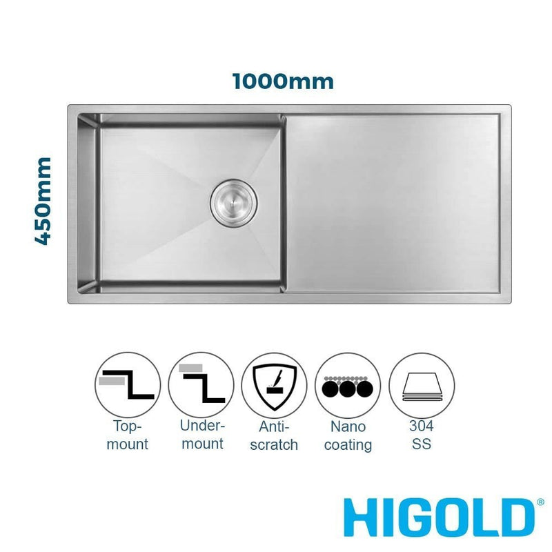 Higold 1000mm Nano Coated Stainless Steel Single Bowl Kitchen Sink With Drainer & R10 Corner Brushed Satin - Sydney Home Centre