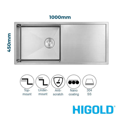 Higold 1000mm Nano Coated Stainless Steel Single Bowl Kitchen Sink With Drainer & R10 Corner Brushed Satin - Sydney Home Centre