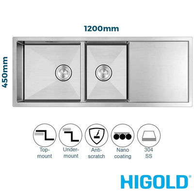 Higold 1200mm Nano Coated Stainless Steel 1 & 1/2 Bowl Kitchen Sink With Drainer & R10 Corner Brushed Satin - Sydney Home Centre