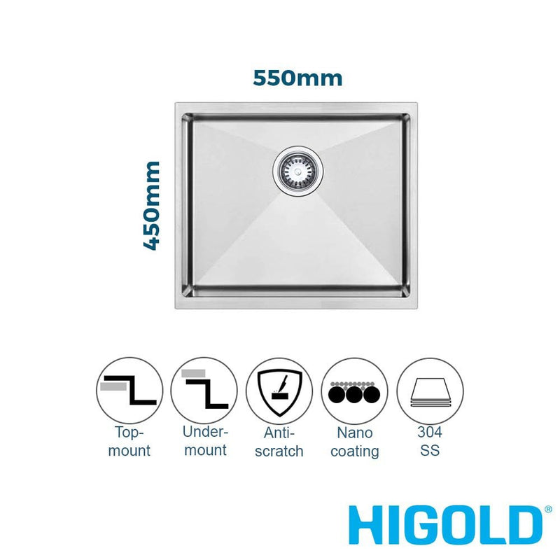 Higold 550mm Nano Coated Stainless Steel Single Bowl Kitchen Sink With R10 Corner Brushed Satin - Sydney Home Centre