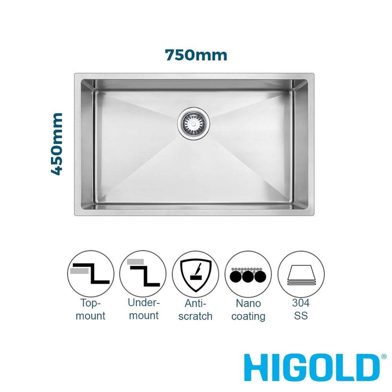 Higold 750mm Nano Coated Stainless Steel Single Bowl Kitchen Sink With R10 Corner Brushed Satin - Sydney Home Centre