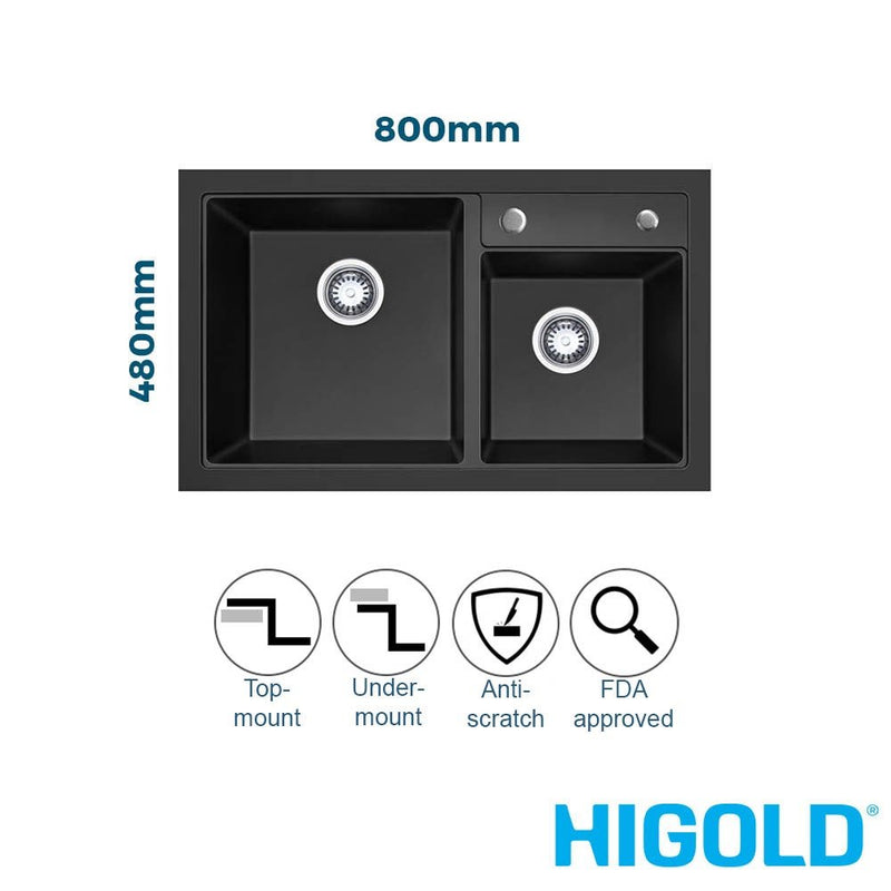 Higold 800mm 1 & 1/2 Bowl Kitchen Sink Quartz Granite Composite Black - Sydney Home Centre