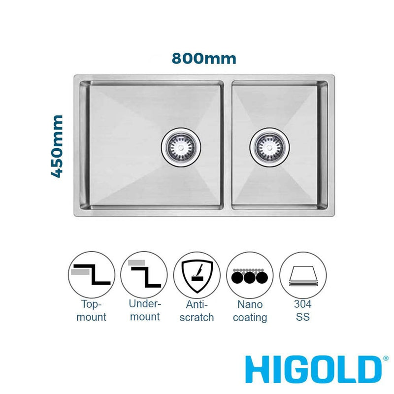 Higold 800mm Nano Coated Stainless Steel 1 & 1/2 Bowl Kitchen Sink Brushed Satin - Sydney Home Centre
