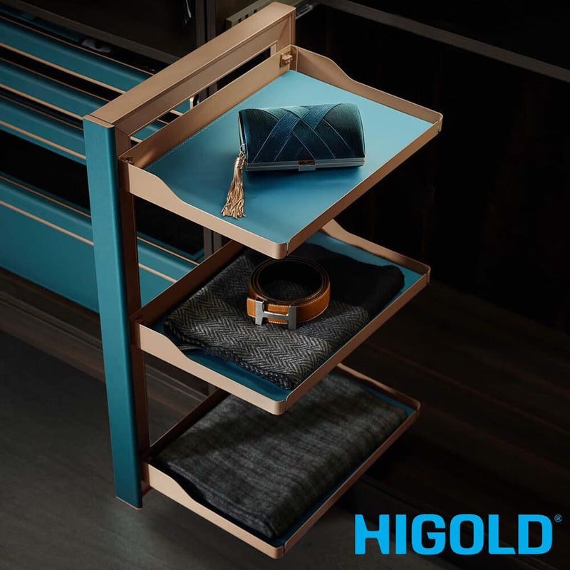 Higold B Series Left Side Mount 3 - Tier Slide Out Wardrobe Storage Baskets Tiffany Teal With Copper - Sydney Home Centre