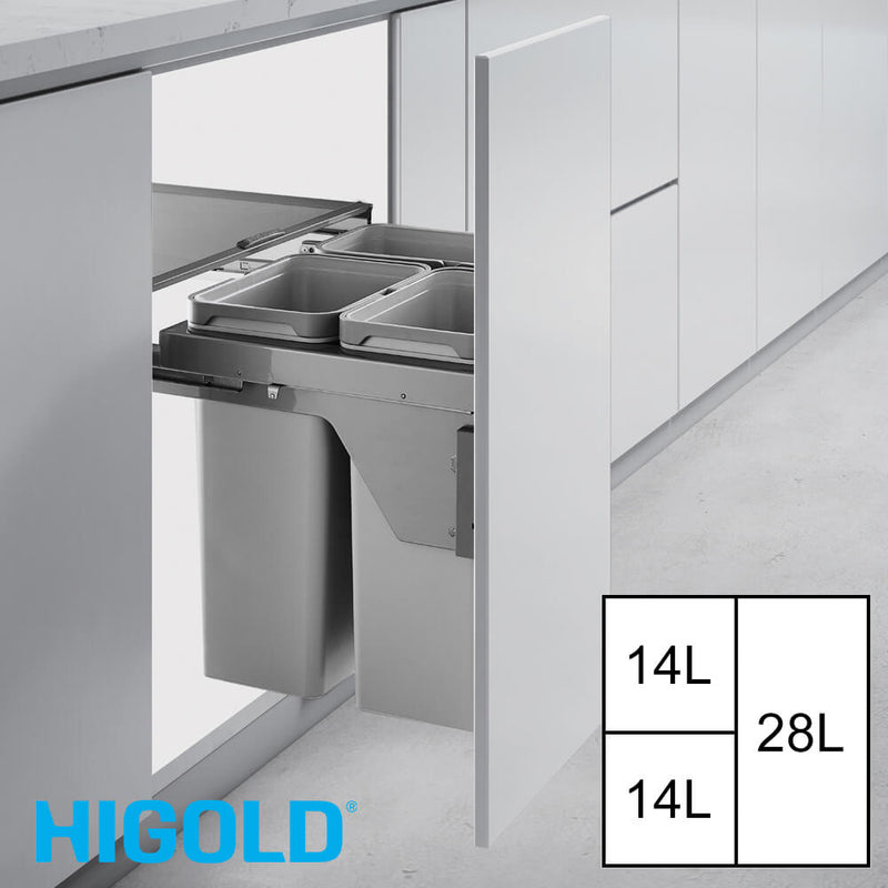 Higold Side Mounted 56L Triple Slide Out Concealed Waste Bin For A 600mm Cabinet Includes Integrated Door Bracket Grey - Sydney Home Centre