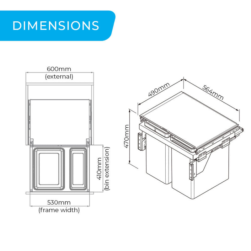 Higold Side Mounted 56L Triple Slide Out Concealed Waste Bin For A 600mm Cabinet Includes Integrated Door Bracket Grey - Sydney Home Centre