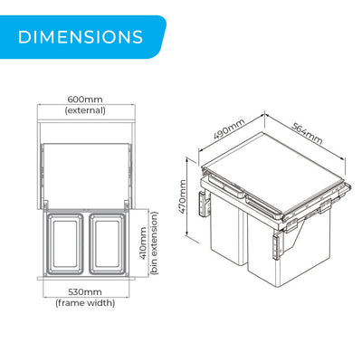 Higold Side Mounted 56L Twin Slide Out Concealed Waste Bin For A 600mm Cabinet Includes Integrated Door Bracket Grey - Sydney Home Centre