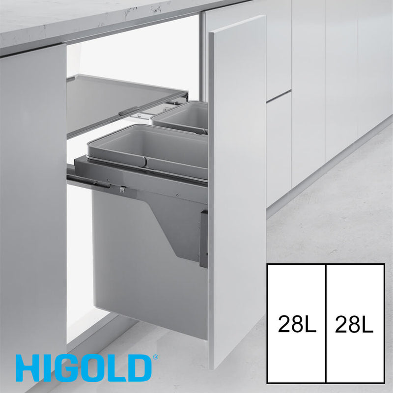 Higold Side Mounted 56L Twin Slide Out Concealed Waste Bin For A 600mm Cabinet Includes Integrated Door Bracket Grey - Sydney Home Centre