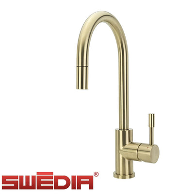 Swedia Klaas Stainless Steel Kitchen Mixer Tap With Pull-Out Brushed Brass - Sydney Home Centre