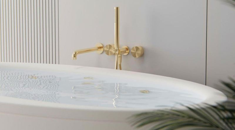 Nero Kara Progressive Wall Basin/Bath Mixer 160mm Spout Brushed Gold - Sydney Home Centre