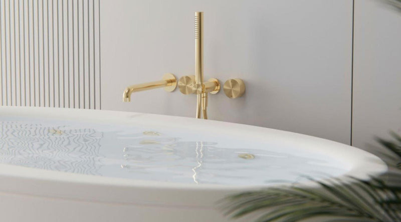 Nero Kara Progressive Wall Basin/Bath Mixer 185mm Spout Brushed Gold - Sydney Home Centre