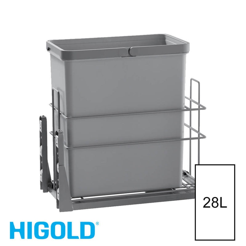 Higold Bottom Mounted 28L Single Slide Out Concealed Waste Bin For A 300mm Cabinet Includes Optional Door Bracket Grey - Sydney Home Centre