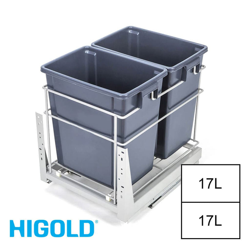 Higold Bottom Mounted 34L Twin Slide Out Concealed Waste Bin For A 400mm Cabinet Includes Optional Door Bracket Grey - Sydney Home Centre