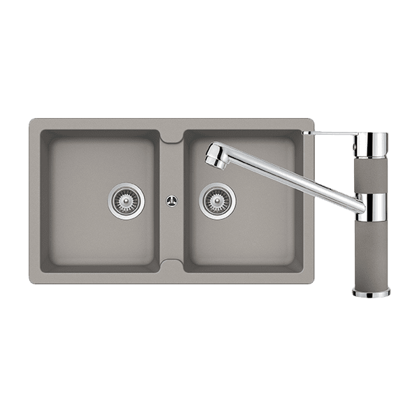 Schock Typos Double Bowl Sink & 400710B Pull Out Kitchen Mixer Concrete - Sydney Home Centre