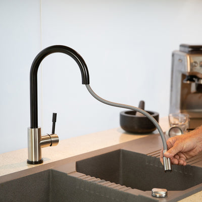 Swedia Klaas Stainless Steel Kitchen Mixer Tap With Pull-Out Hose Satin Black & Brushed Finish - Sydney Home Centre